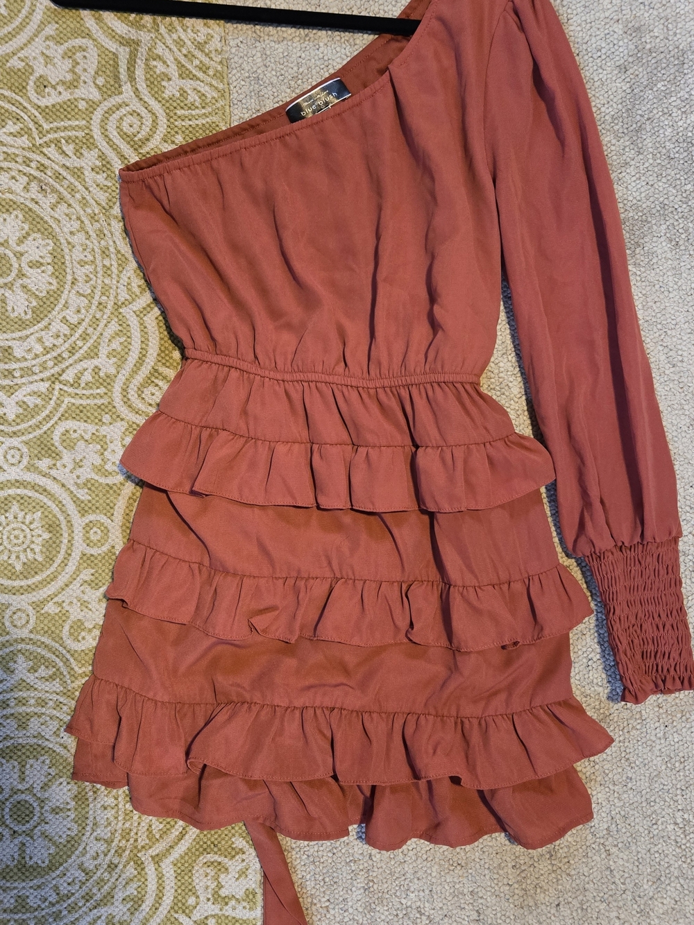 Blue Blush One-Shoulder Ruffle Mini Dress in Terracotta